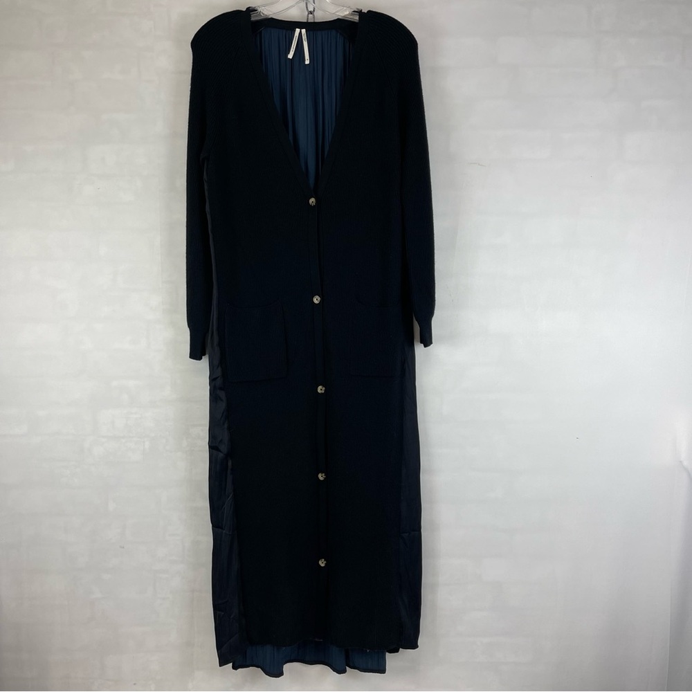Anthropologie Long Twofer Cardigan Duster Black Knit Satin Back Women’s XS